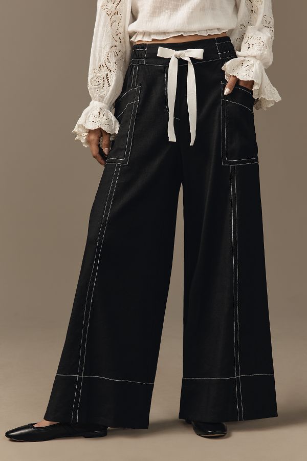 Slide View: 2: Maeve Tie-Waist Wide-Leg Pants: Contrast-Stitch Edition