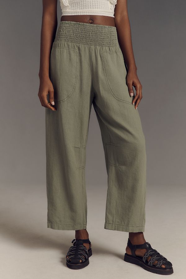 Slide View: 2: The Reese Smocked Pull-On Barrel Pants by Pilcro: Linen Blend Edition