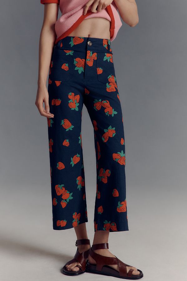 Slide View: 3: The Colette Cropped Wide-Leg Trousers by Maeve: Printed Linen Edition