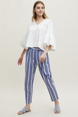 blue and white striped trousers