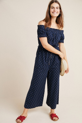 off the shoulder polka dot jumpsuit