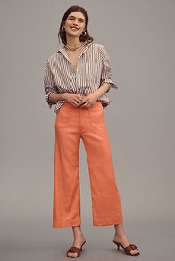 Slide View: 1: The Colette Cropped Wide-Leg Trousers by Maeve: Linen Edition