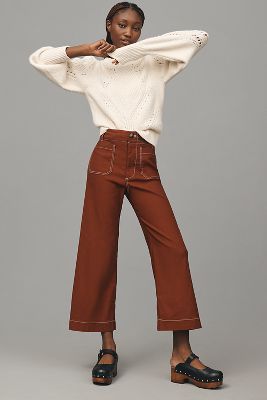 The Colette Cropped Wide-Leg Pants by Maeve: Merrick White Contrast-Stitch Edition