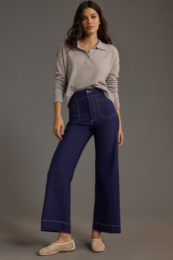 Slide View: 1: The Colette Cropped Wide-Leg Pants by Maeve: Contrast-Stitch Edition