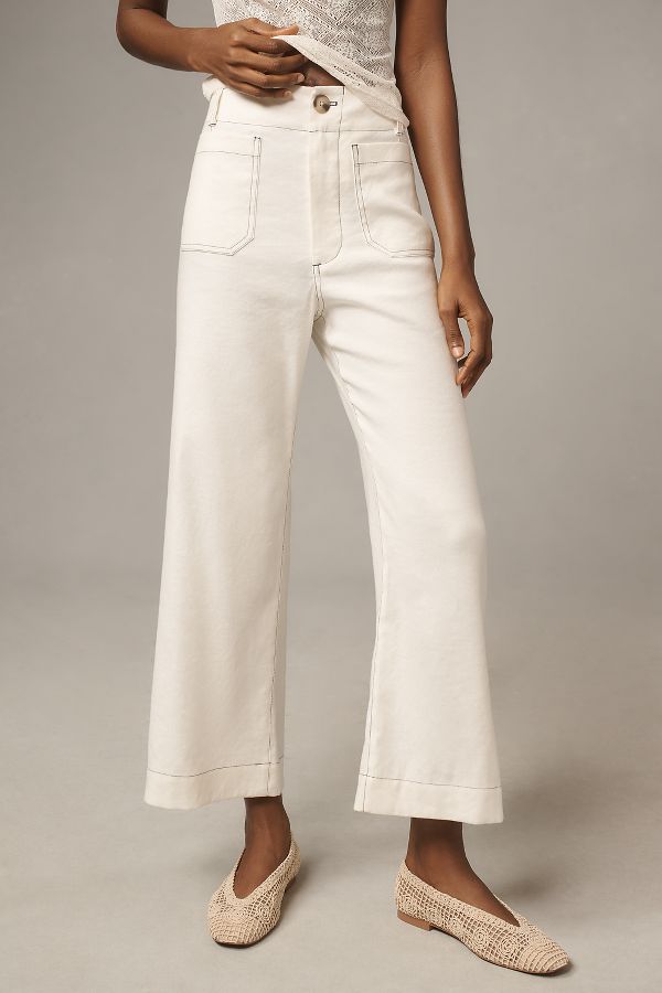 Slide View: 2: The Colette Cropped Wide-Leg Pants by Maeve: Contrast-Stitch Linen Edition