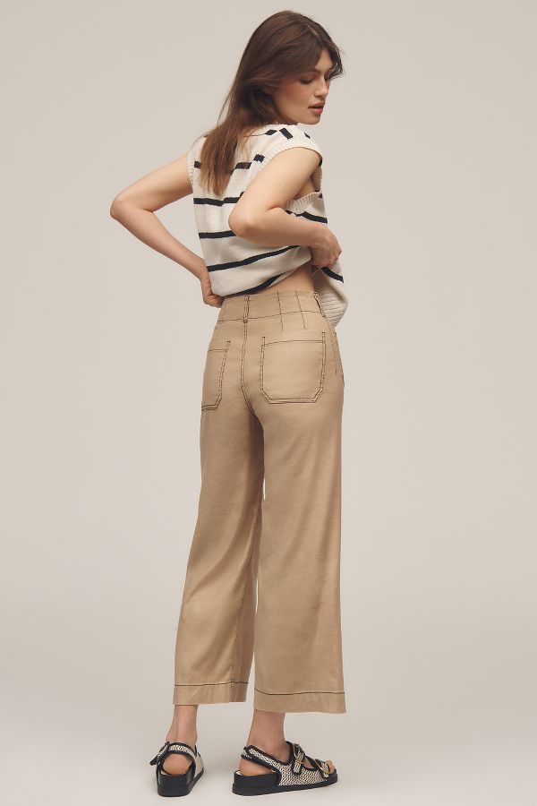 Slide View: 3: The Colette Cropped Wide-Leg Pants by Maeve: Contrast-Stitch Linen Edition