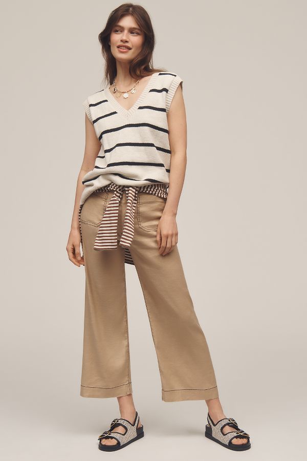 Slide View: 1: The Colette Cropped Wide-Leg Pants by Maeve: Contrast-Stitch Linen Edition