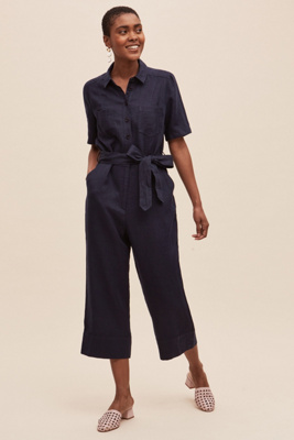 anthropologie navy jumpsuit