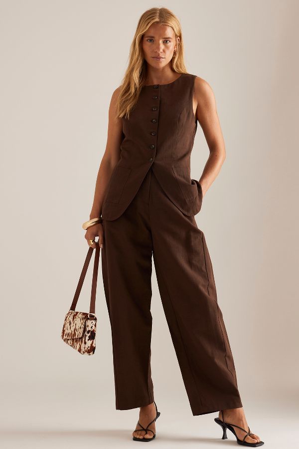 Slide View: 1: By Anthropologie Aiden Linen-Blend Barrel Trousers