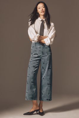 The Colette Crop Wide-Leg Embroidered Corduroy Pants by Maeve