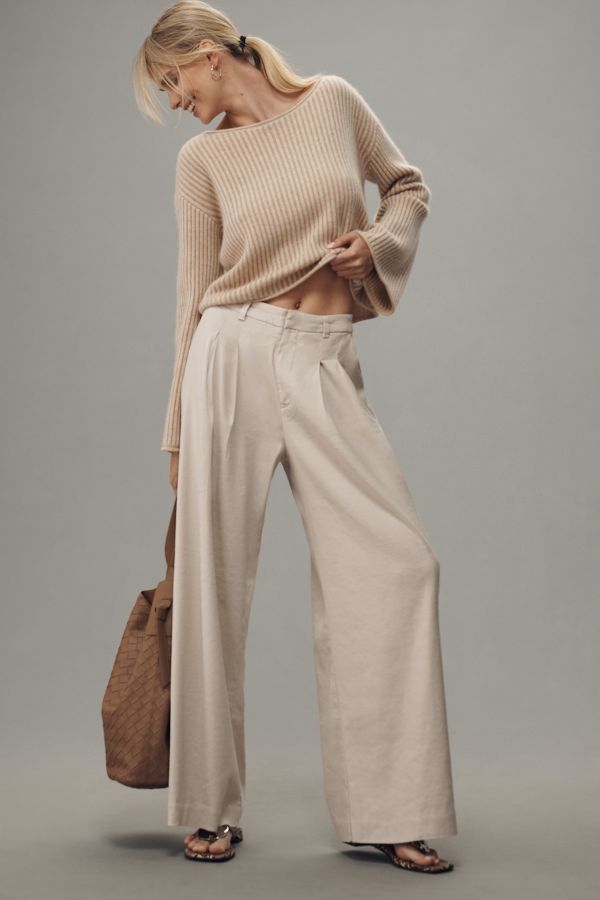 Slide View: 1: The Avery Pleated Wide-Leg Trousers by Maeve: Linen Edition