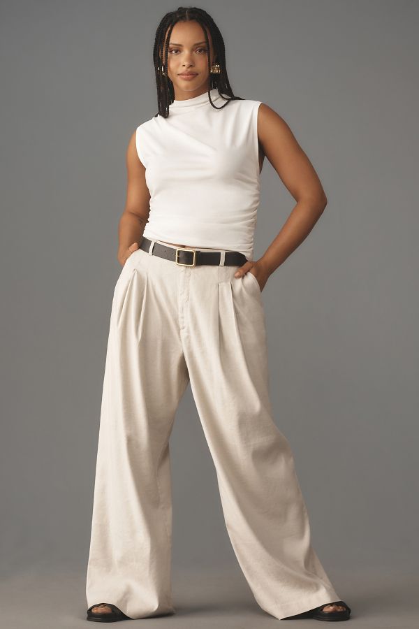 Slide View: 5: The Avery Pleated Wide-Leg Trousers by Maeve: Linen Edition