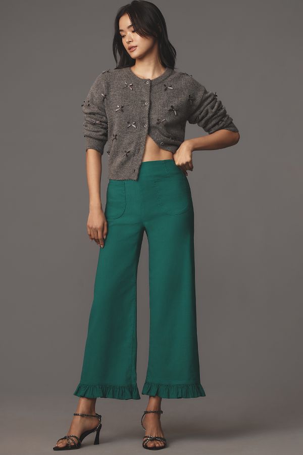 Slide View: 1: The Colette Cropped Wide-Leg Pants by Maeve: Ruffled Edition