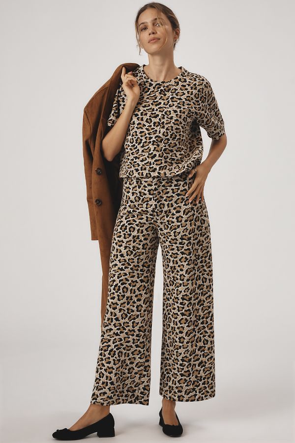 Slide View: 1: The Ettie High-Rise Crop Wide-Leg Trousers by Maeve: Leopard Edition