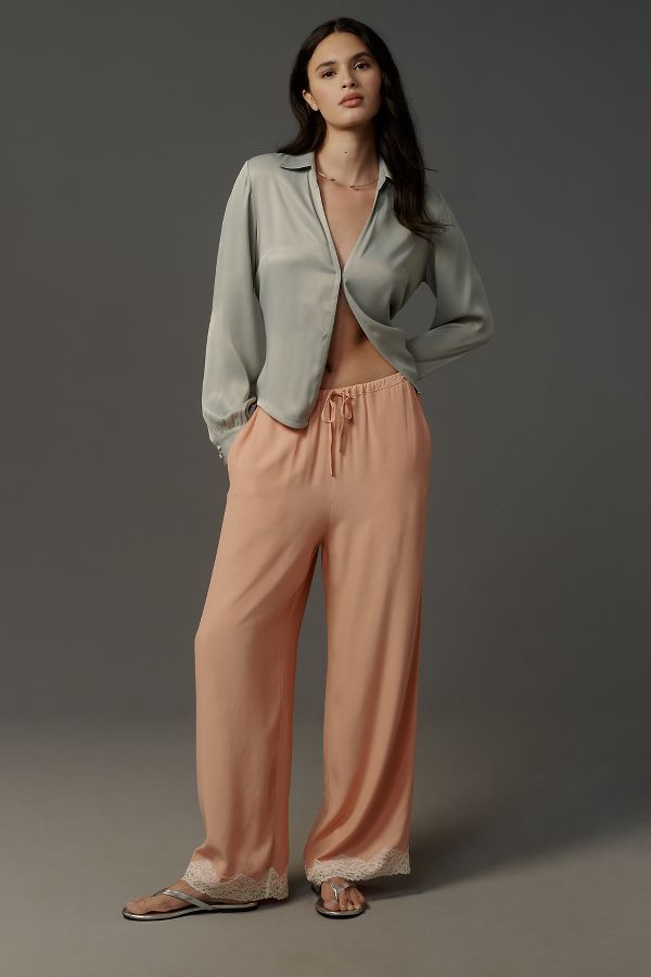 Slide View: 1: By Anthropologie Lace-Trim Silky Pull-On Pants