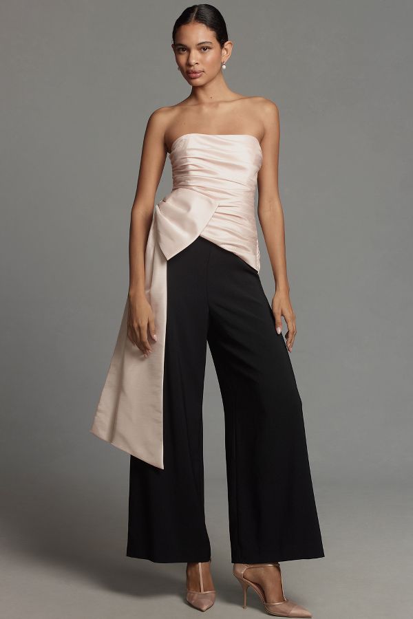 Slide View: 1: Hutch Strapless Ruched Bow Wide-Leg Jumpsuit