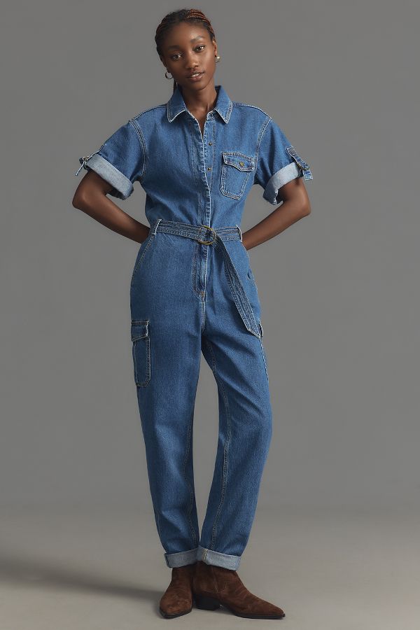 Slide View: 1: KIVARI Natalie Short-Sleeve Denim Jumpsuit