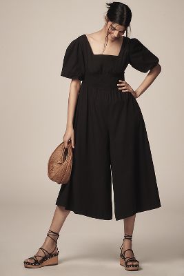 Maeve Puff-Sleeve Smocked Culotte Jumpsuit