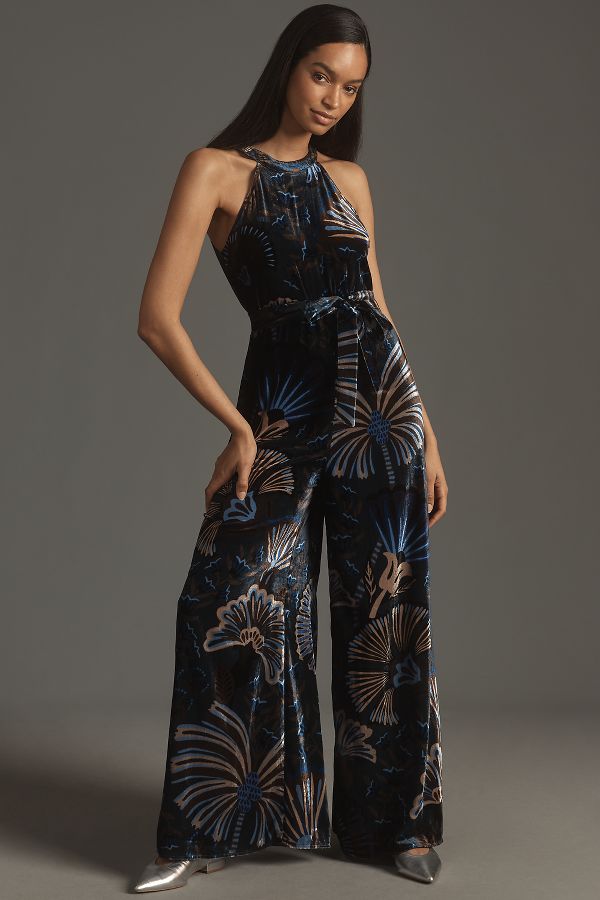 Slide View: 2: Farm Rio x Anthropologie Velvet Halter Jumpsuit