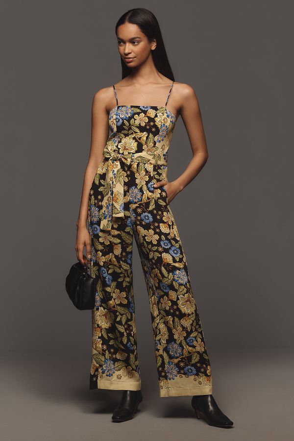 Slide View: 1: Farm Rio x Anthropologie Square-Neck Floral Jumpsuit