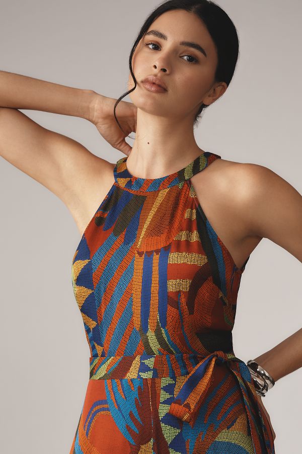 Slide View: 3: Farm Rio x Anthropologie Halter Printed Satin Jumpsuit