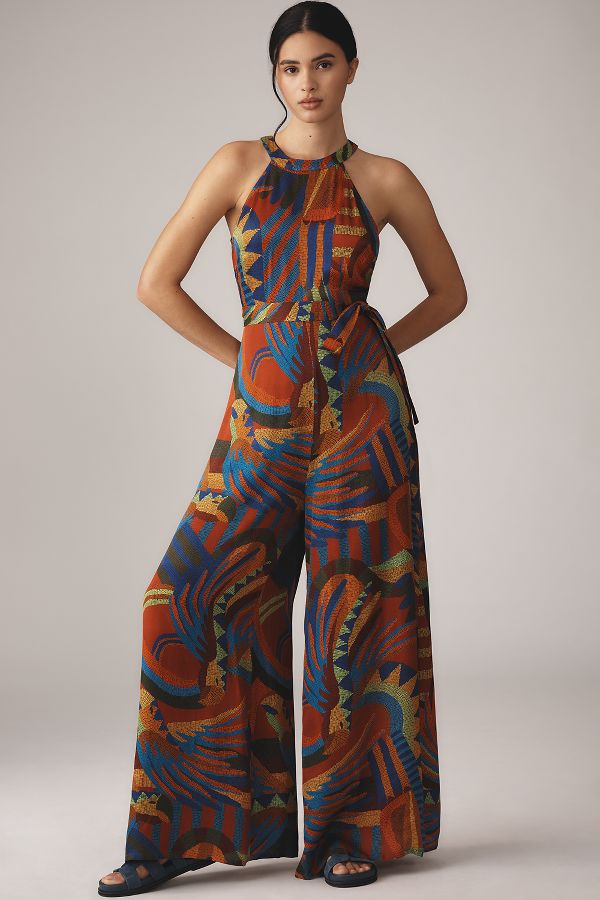 Slide View: 1: Farm Rio x Anthropologie Halter Printed Satin Jumpsuit