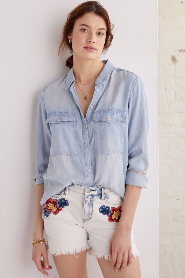 Driftwood Embroidered High-Rise Denim Shorts | Anthropologie