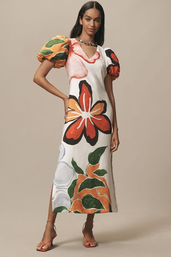 Slide View: 1: By Anthropologie Puff-Sleeve A-Line Maxi Dress