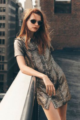 By Anthropologie Short-Sleeve Metallic Brocade Mini Dress