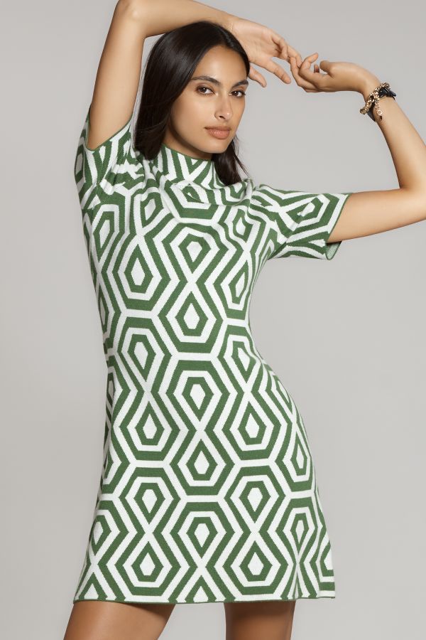 Slide View: 1: The Nina Short-Sleeve Mock-Neck Mod Mini Dress