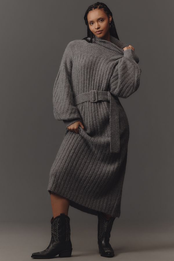 Slide View: 4: By Anthropologie Long-Sleeve Turtleneck Belted Sweater Midi Dress