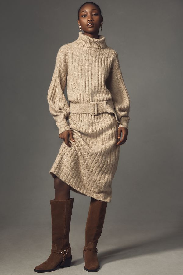 Vista de diapositivas: 1: By Anthropologie Long-Sleeve Turtleneck Belted Midi Jumper Dress