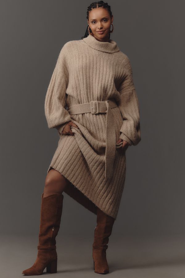 Vista de diapositivas: 5: By Anthropologie Long-Sleeve Turtleneck Belted Midi Jumper Dress