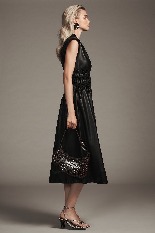 Slide View: 3: The Tommie Cap-Sleeve Smocked Front-Zip Shirt Dress: Faux-Leather Edition