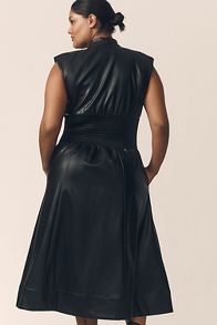 Slide View: 6: The Tommie Cap-Sleeve Smocked Front-Zip Shirt Dress: Faux-Leather Edition