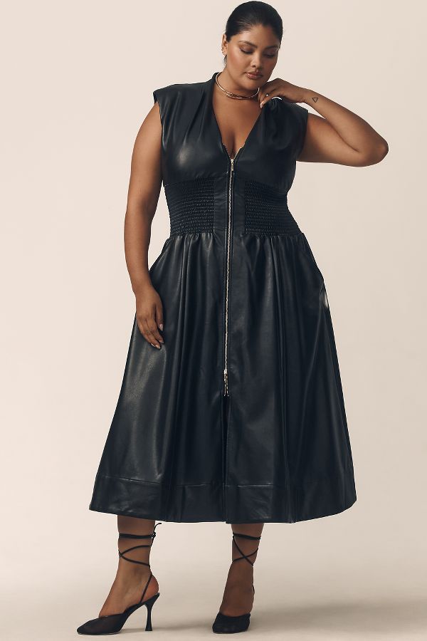 Slide View: 5: The Tommie Cap-Sleeve Smocked Front-Zip Shirt Dress: Faux-Leather Edition