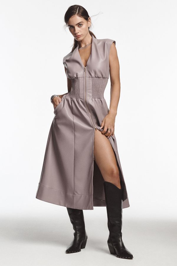 Slide View: 1: The Tommie Cap-Sleeve Smocked Front-Zip Shirt Dress: Faux-Leather Edition