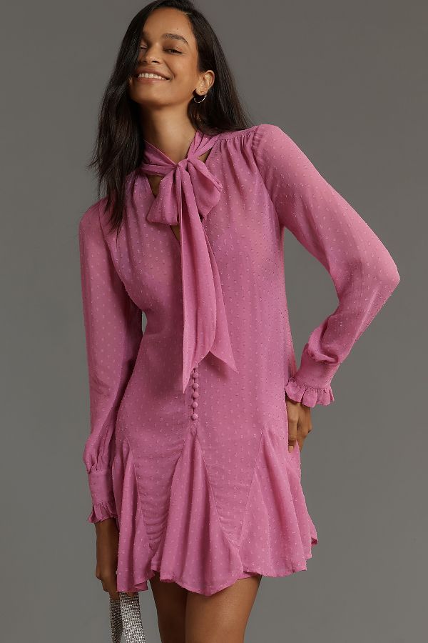 Slide View: 1: By Anthropologie Long-Sleeve Tie-Neck Swing Mini Dress