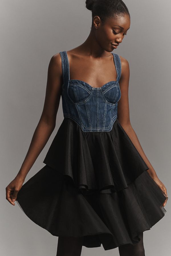 Slide View: 1: Pilcro Sleeveless Denim Bodice Tiered Mini Dress