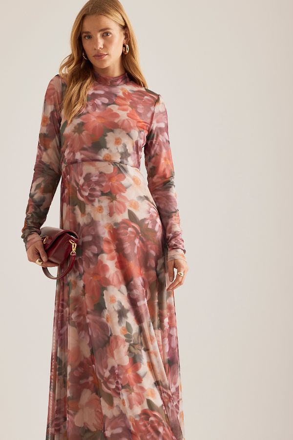 Vista de diapositivas: 4: Vestido Maxi de Malla Floral con Cuello Alto Kachel