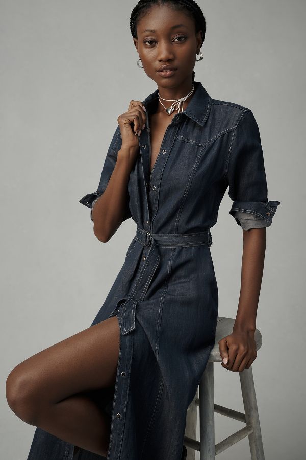 Slide View: 2: Bella Dahl Long-Sleeve Western Linen Midi Shirt Dress