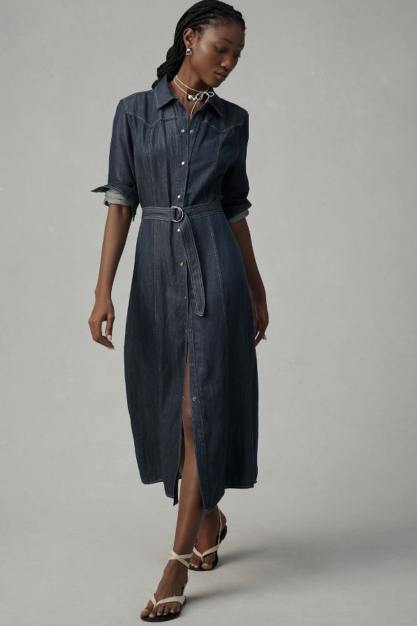 Slide View: 1: Bella Dahl Long-Sleeve Western Linen Midi Shirt Dress