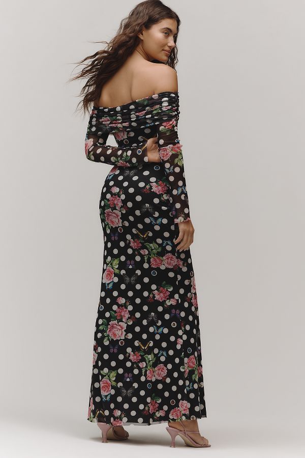 Vista diapositiva: 2: AFRM Long-Sleeve Off-The-Shoulder Mesh Maxi Dress