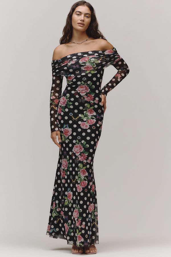 Vista diapositiva: 1: AFRM Long-Sleeve Off-The-Shoulder Mesh Maxi Dress