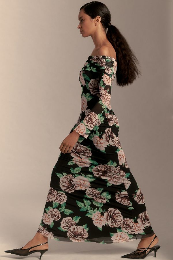 Slide View: 2: AFRM Long-Sleeve Off-The-Shoulder Mesh Maxi Dress