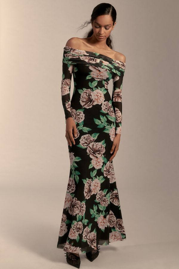 Slide View: 1: AFRM Long-Sleeve Off-The-Shoulder Mesh Maxi Dress