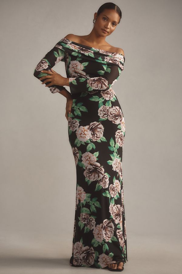 Slide View: 5: AFRM Long-Sleeve Off-The-Shoulder Mesh Maxi Dress