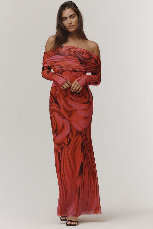 Slide View: 1: AFRM Long-Sleeve Off-The-Shoulder Mesh Maxi Dress