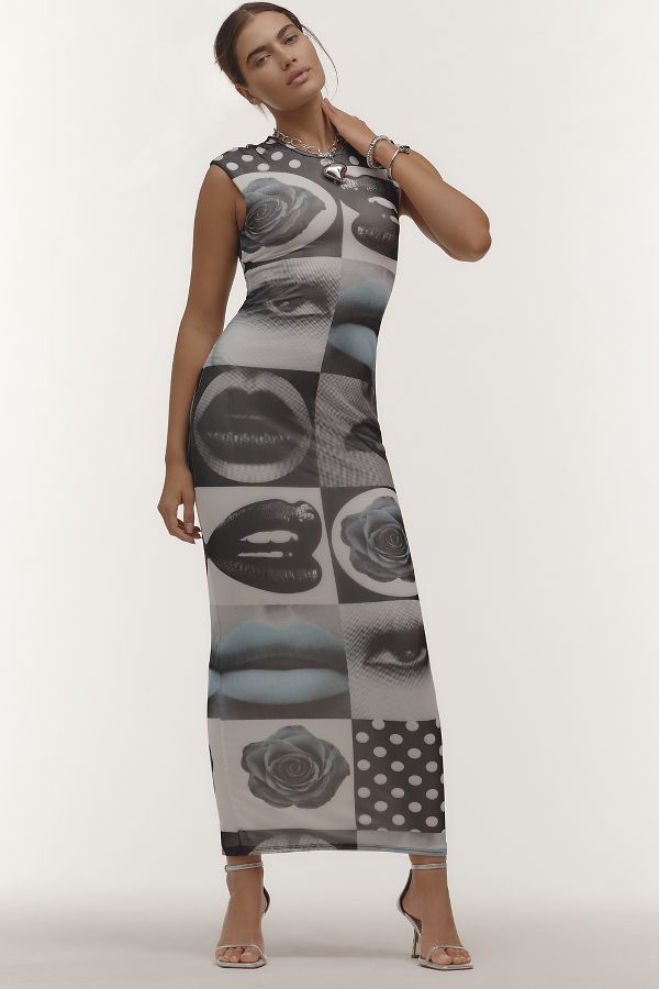 Slide View: 1: AFRM Short-Sleeve Slim Mesh Maxi Dress