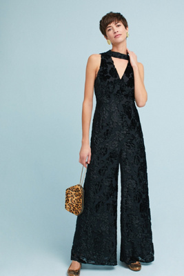 anthropologie blue velvet jumpsuit